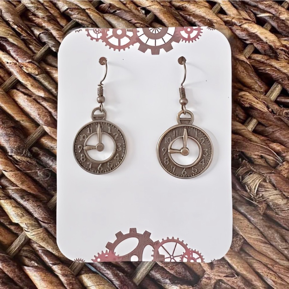 New Handmade Steampunk Clock Dangle Earrings (1.75" l x 0.75" w) (Version 19)